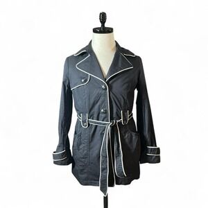 Dalia Collection Womens Black White Piping Trench Coat Belted Button Front